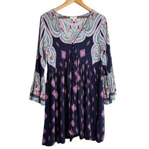 Umgee Women L Tunic Top / Mini Dress Boho Hippie Cottagecore Peasant Bell Sleeve
